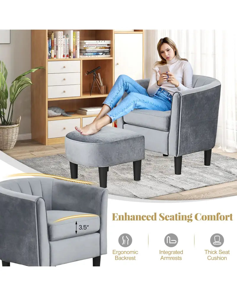 Upholstered Teddy Velvet Club Barrel Chair with Ottoman with Footrest-Gray - Gray - Accent Chairs
