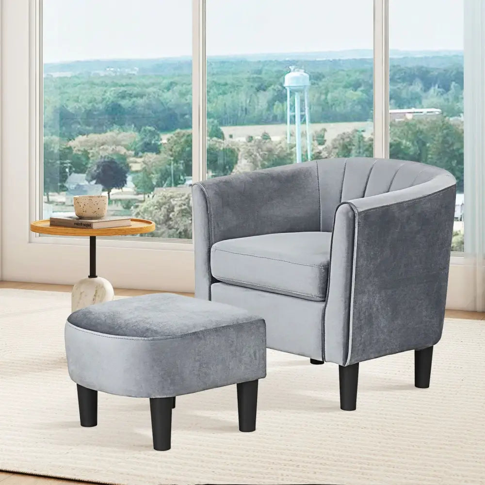 Upholstered Teddy Velvet Club Barrel Chair with Ottoman with Footrest-Gray - Gray - Accent Chairs