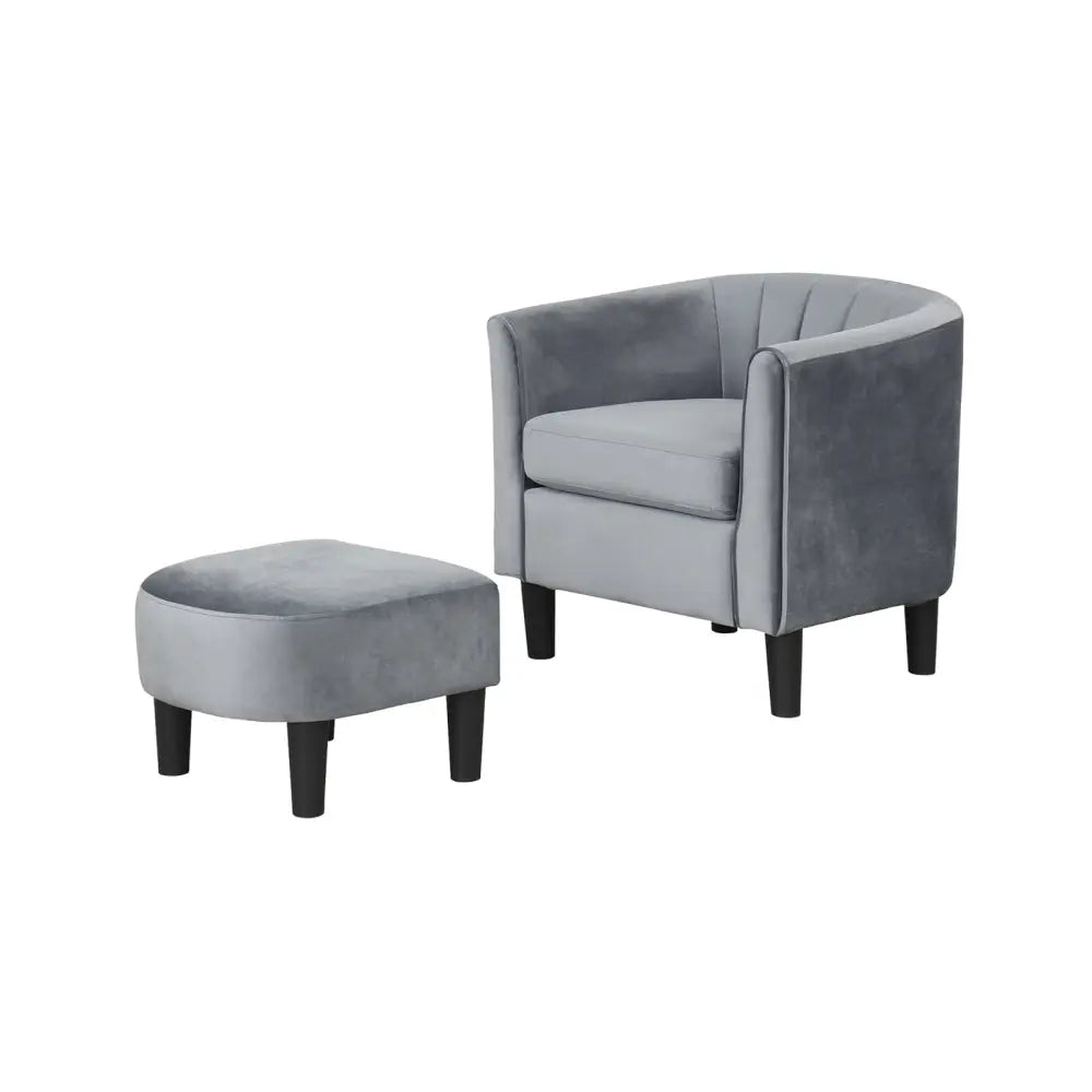 Upholstered Teddy Velvet Club Barrel Chair with Ottoman with Footrest-Gray - Gray - Accent Chairs