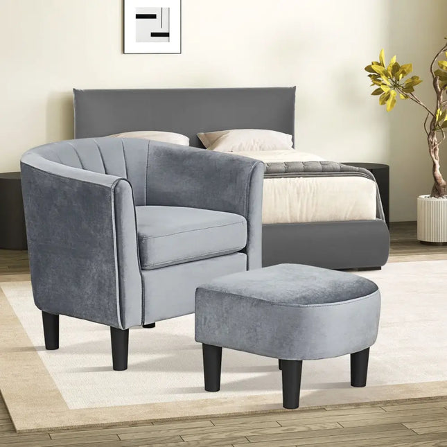 Upholstered Teddy Velvet Club Barrel Chair with Ottoman with Footrest-Gray - Gray - Accent Chairs