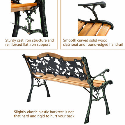 Outdoor Bench Cast Iron Patio Bench with Rose Pattern Backrest