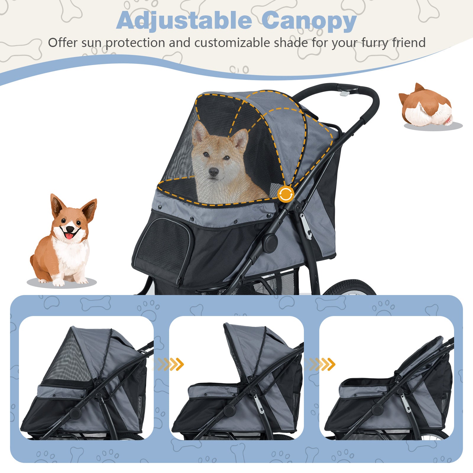3-Wheel Pet Stroller for Small and Medium Dogs Foldable Cat Stroller Jogger-Gray