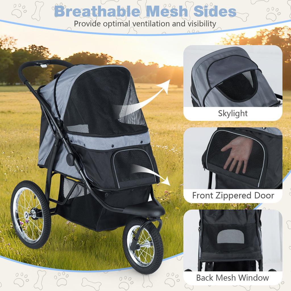3-Wheel Pet Stroller for Small and Medium Dogs Foldable Cat Stroller Jogger-Gray