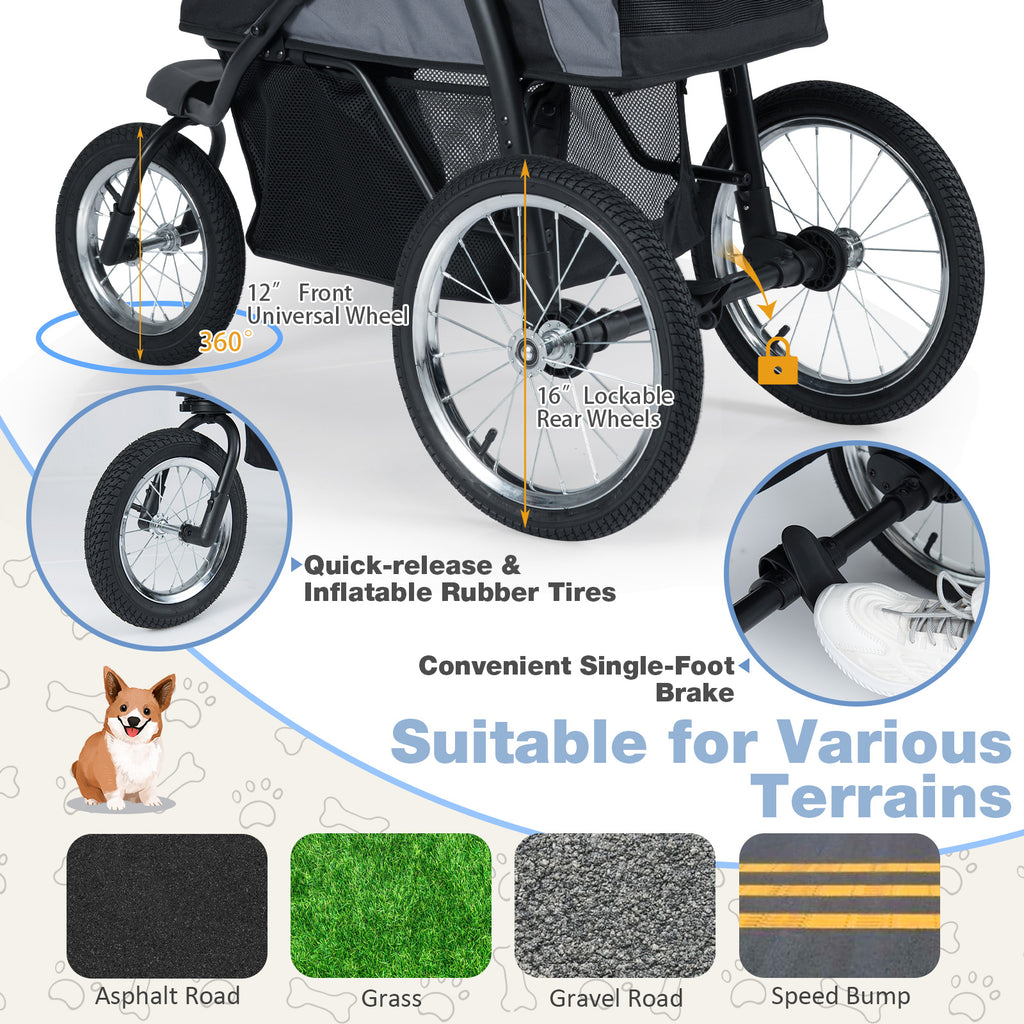 3-Wheel Pet Stroller for Small and Medium Dogs Foldable Cat Stroller Jogger-Gray