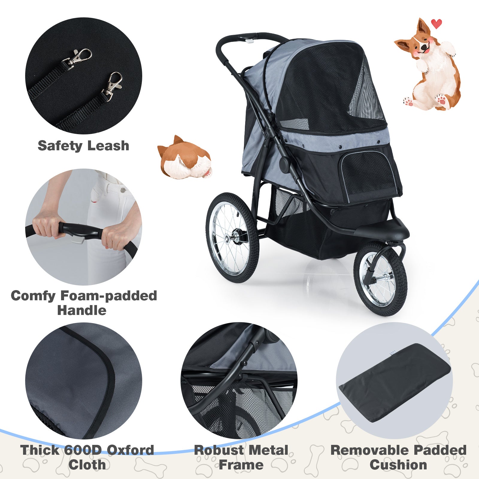 3-Wheel Pet Stroller for Small and Medium Dogs Foldable Cat Stroller Jogger-Gray