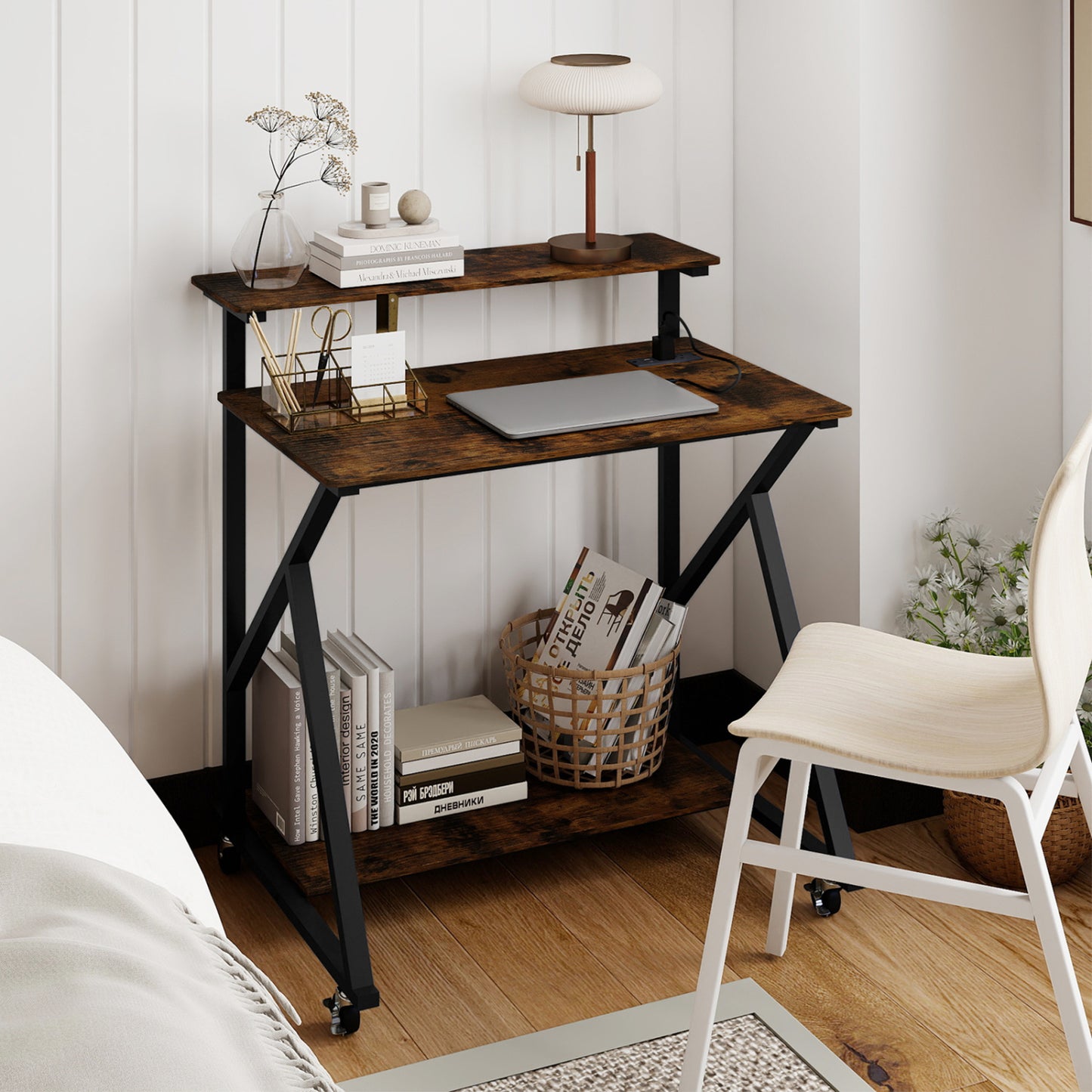 32 Inch Rolling Computer Desk for Small Spaces with Power Outlets-Rustic Brown