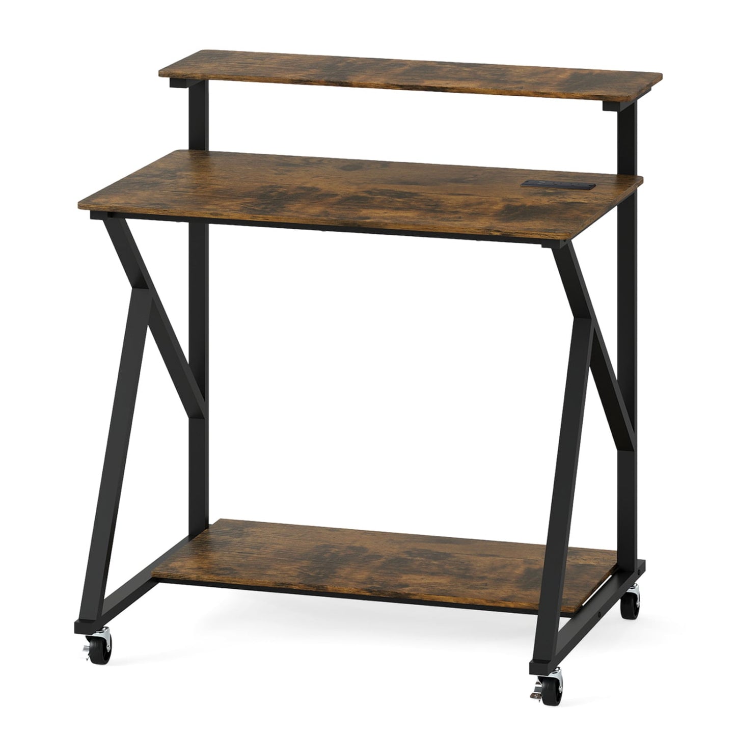 32 Inch Rolling Computer Desk for Small Spaces with Power Outlets-Rustic Brown