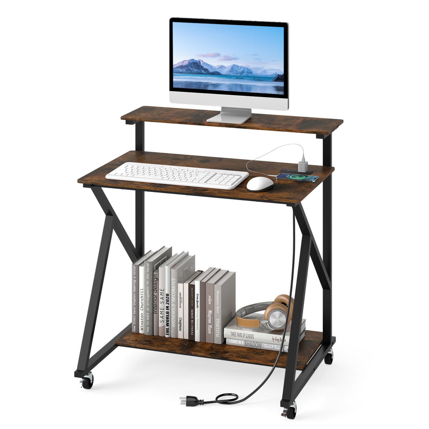 32 Inch Rolling Computer Desk for Small Spaces with Power Outlets-Rustic Brown