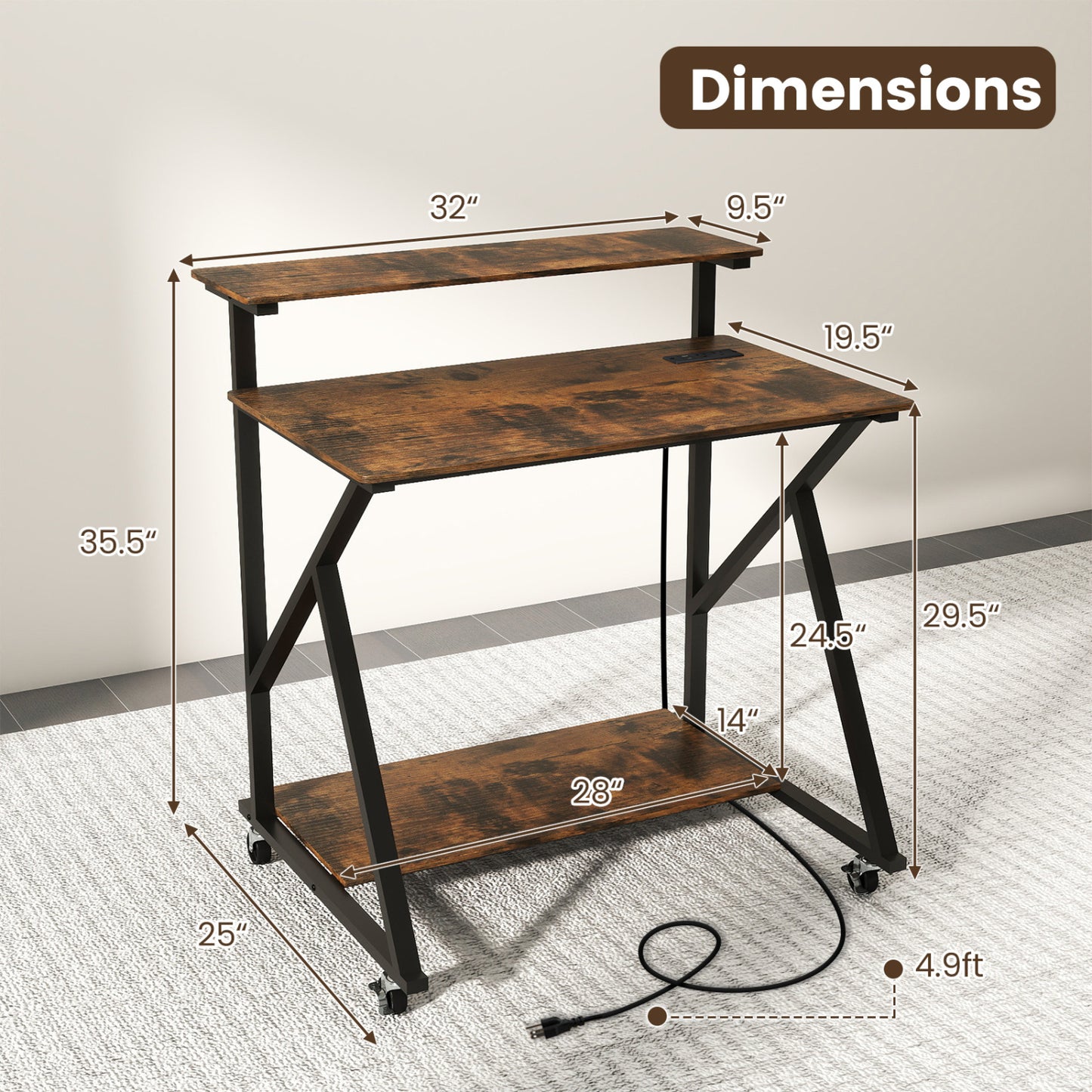 32 Inch Rolling Computer Desk for Small Spaces with Power Outlets-Rustic Brown