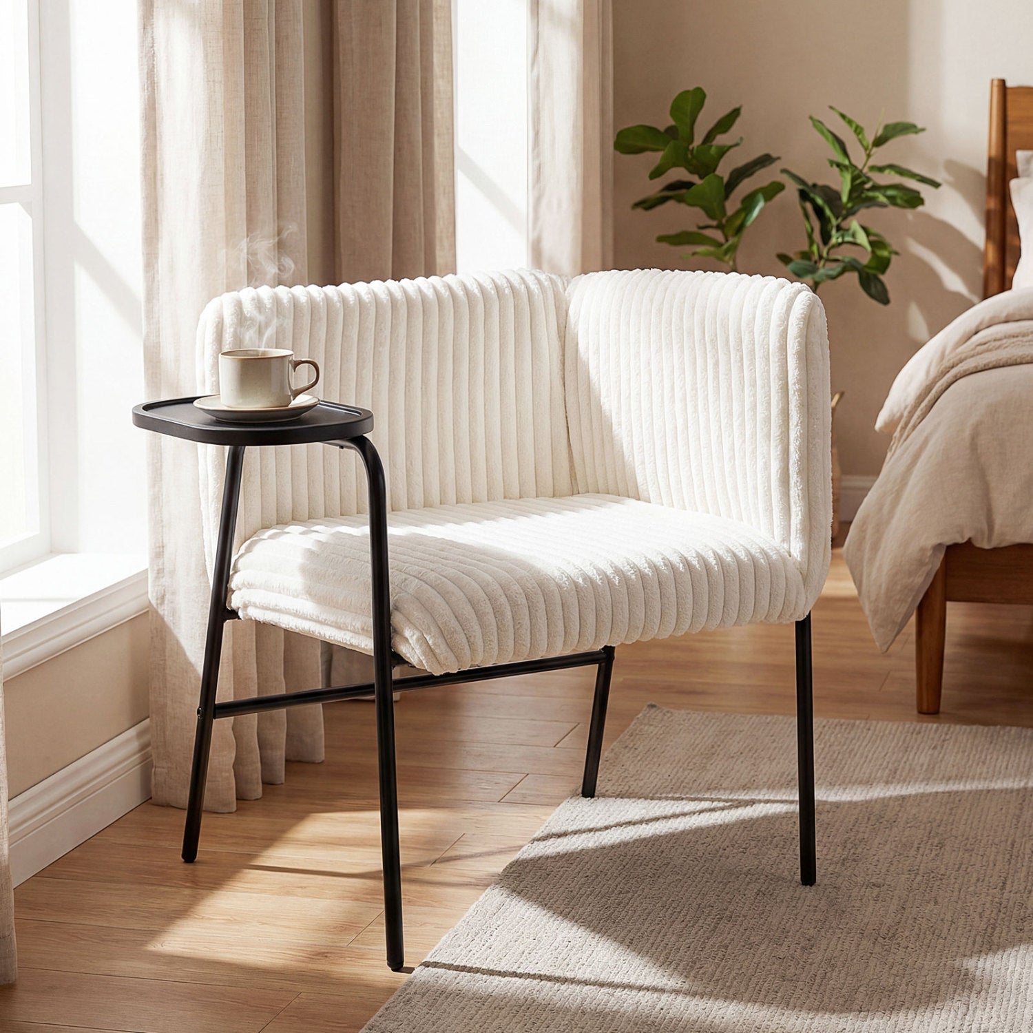 Modern Accent Chair with Tray Table and Solid Metal Frame-Beige