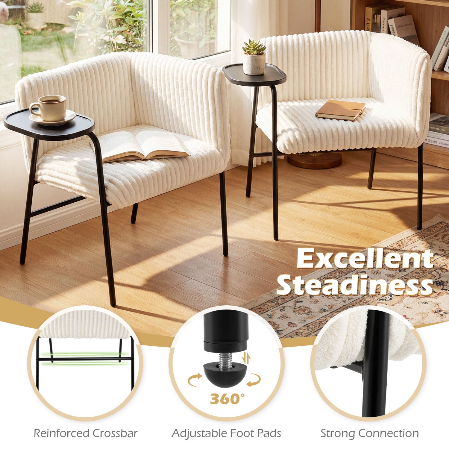 Modern Accent Chair with Tray Table and Solid Metal Frame-Beige