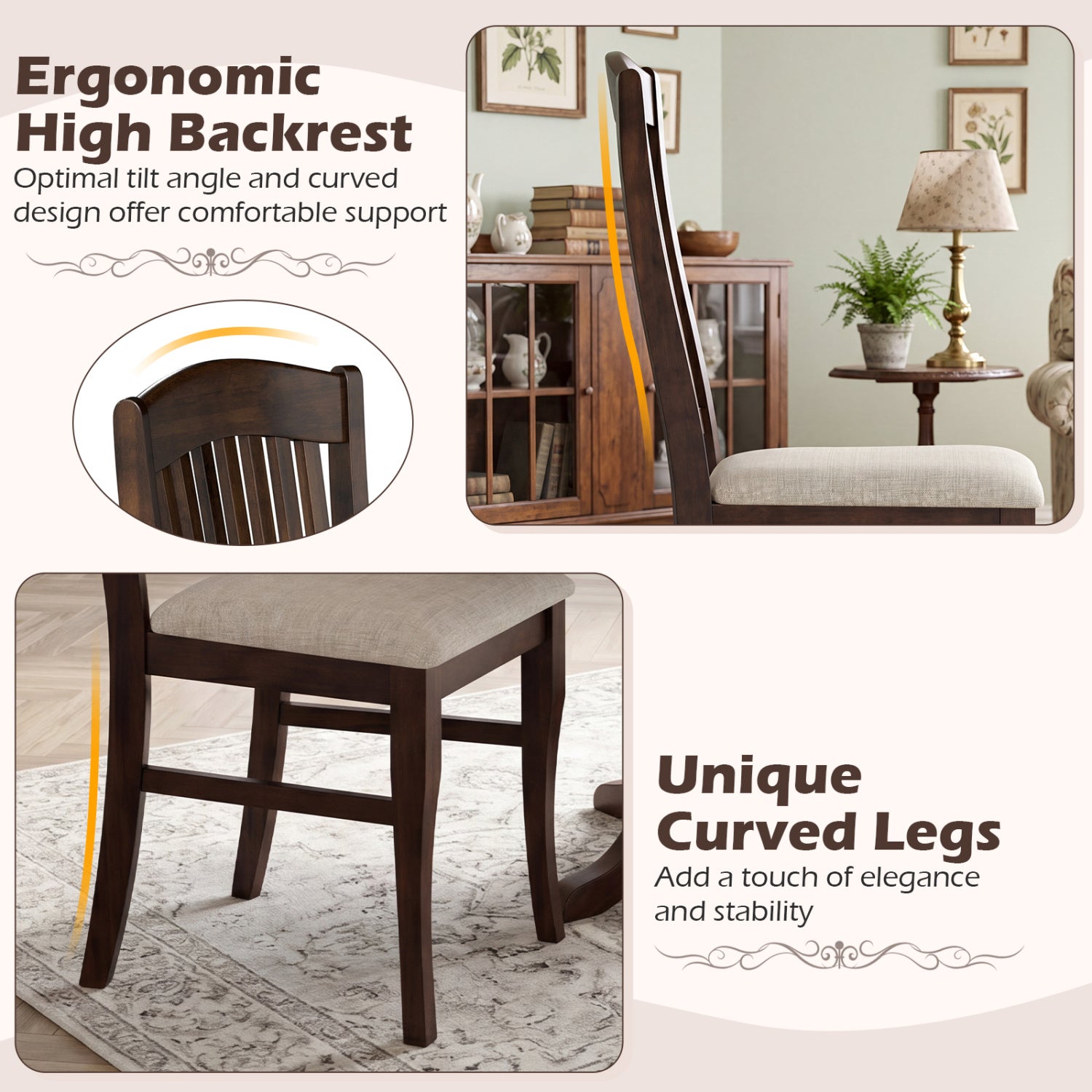 Dining Chairs Set of 2 Kitchen Side Chairs Mid-century Armless Dinette Chairs-Brown & White