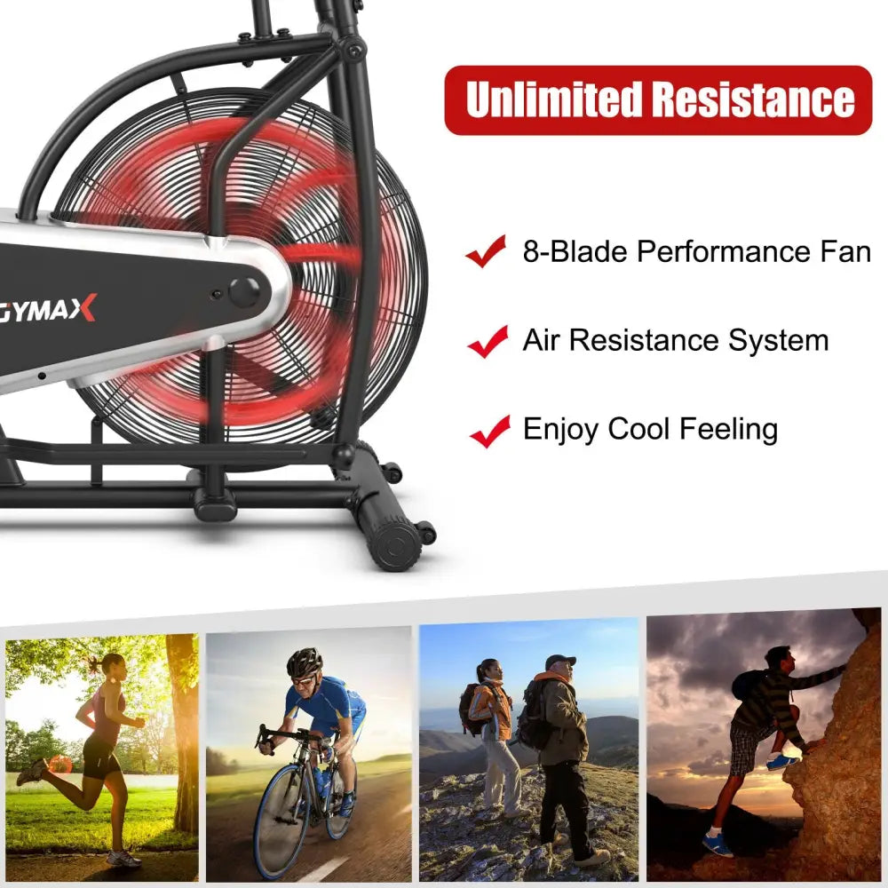 Upright Air Bike Fan Exercise Bike with Display Unlimite Resistance and Adjustable Seat-Black - Black - Exercise Bikes