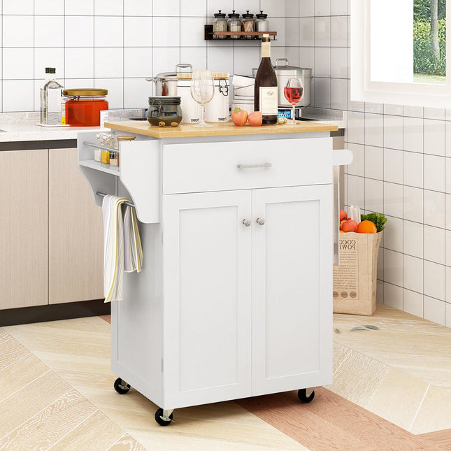 Utility Rolling Storage Cabinet Kitchen Island Cart with Spice Rack-White - White - Kitchen Islands & Carts