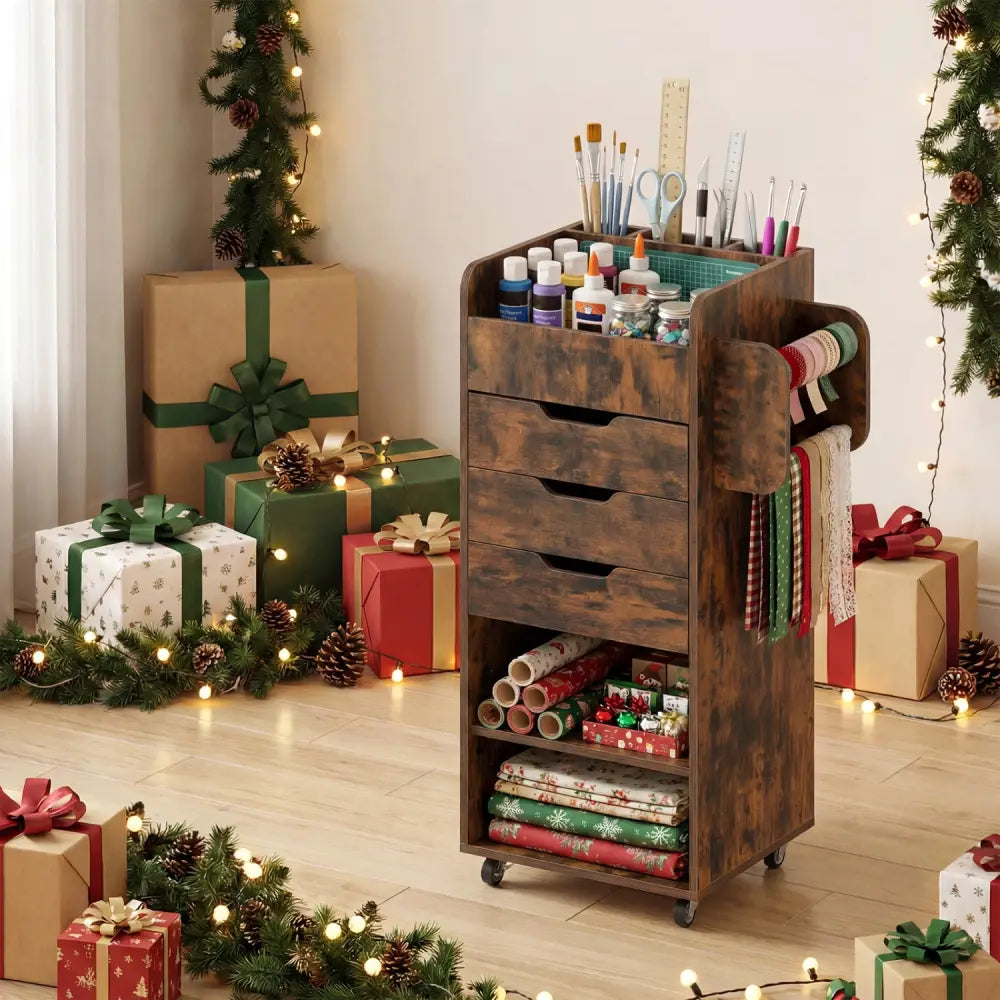 Utility Trolley with Open Shelves and 3 Drawers-Rustic Brown - Rustic Brown - Bookcases