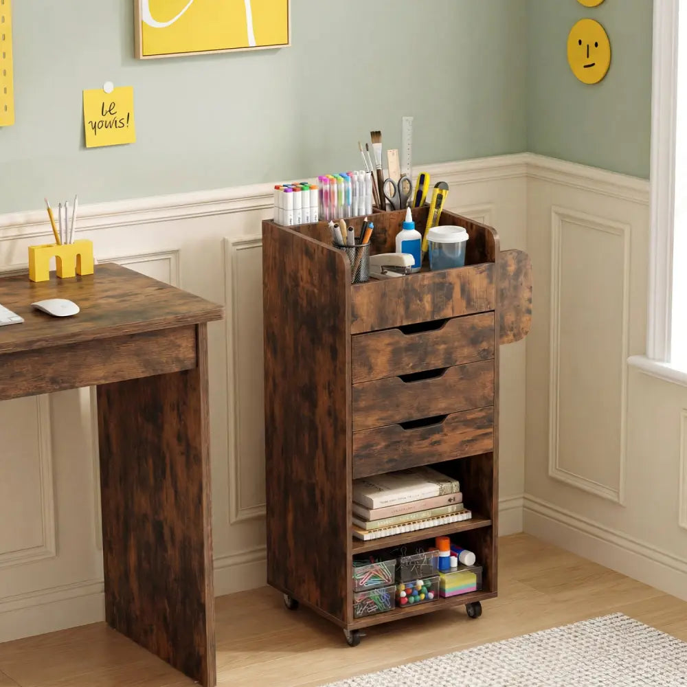 Utility Trolley with Open Shelves and 3 Drawers-Rustic Brown - Rustic Brown - Bookcases