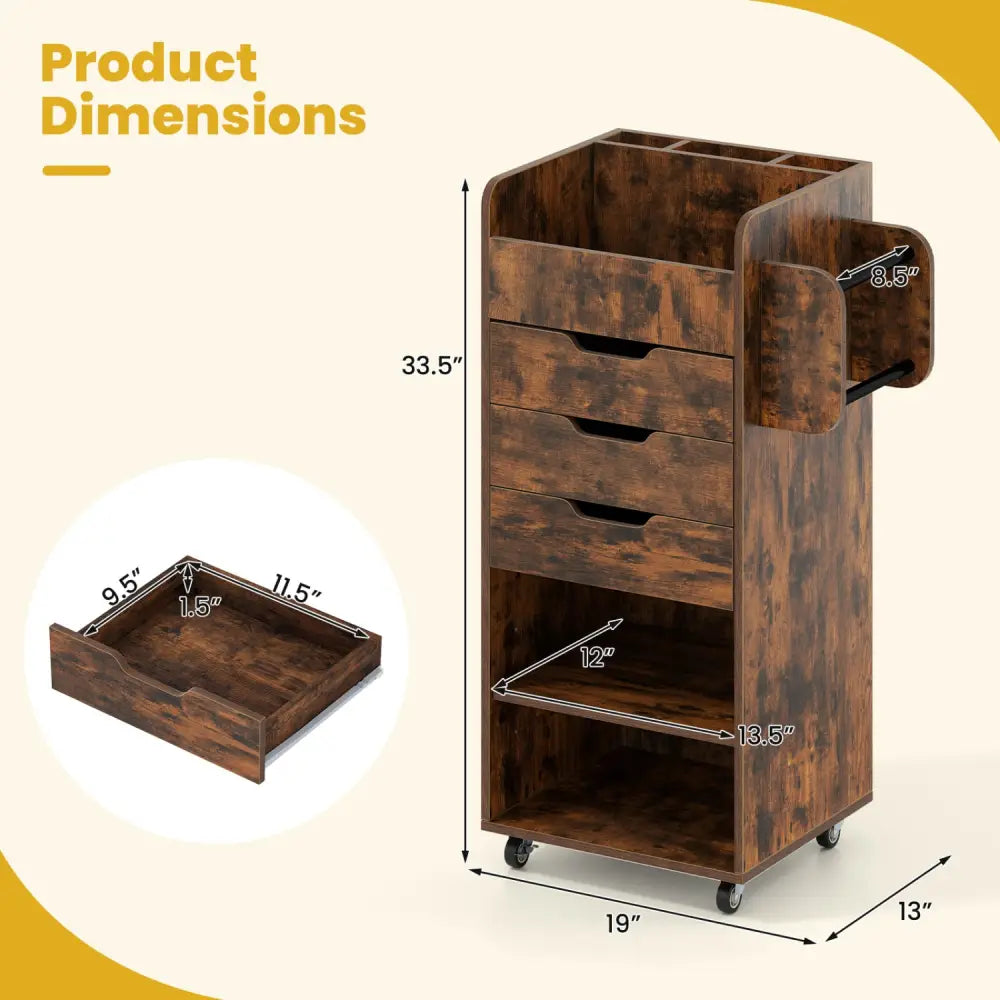 Utility Trolley with Open Shelves and 3 Drawers-Rustic Brown - Rustic Brown - Bookcases