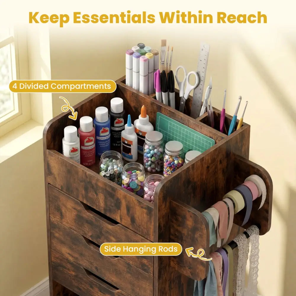 Utility Trolley with Open Shelves and 3 Drawers-Rustic Brown - Rustic Brown - Bookcases
