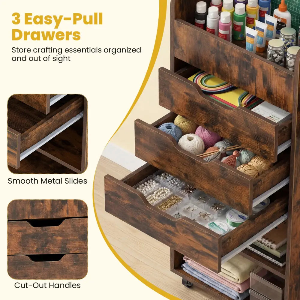 Utility Trolley with Open Shelves and 3 Drawers-Rustic Brown - Rustic Brown - Bookcases