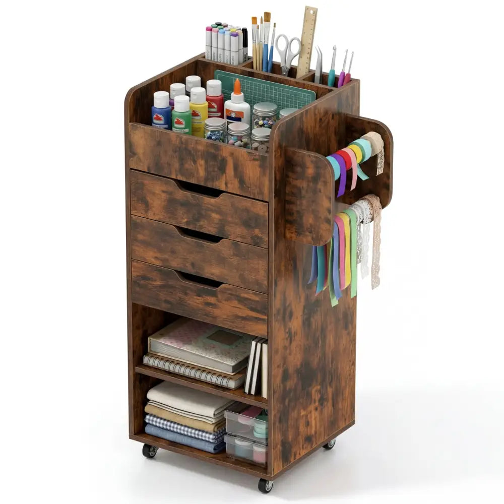 Utility Trolley with Open Shelves and 3 Drawers-Rustic Brown - Rustic Brown - Bookcases