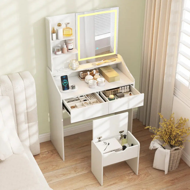 Vanity Desk LED Lighted Makeup Table with 3 Color Modes-White - White - Makeup Vanities