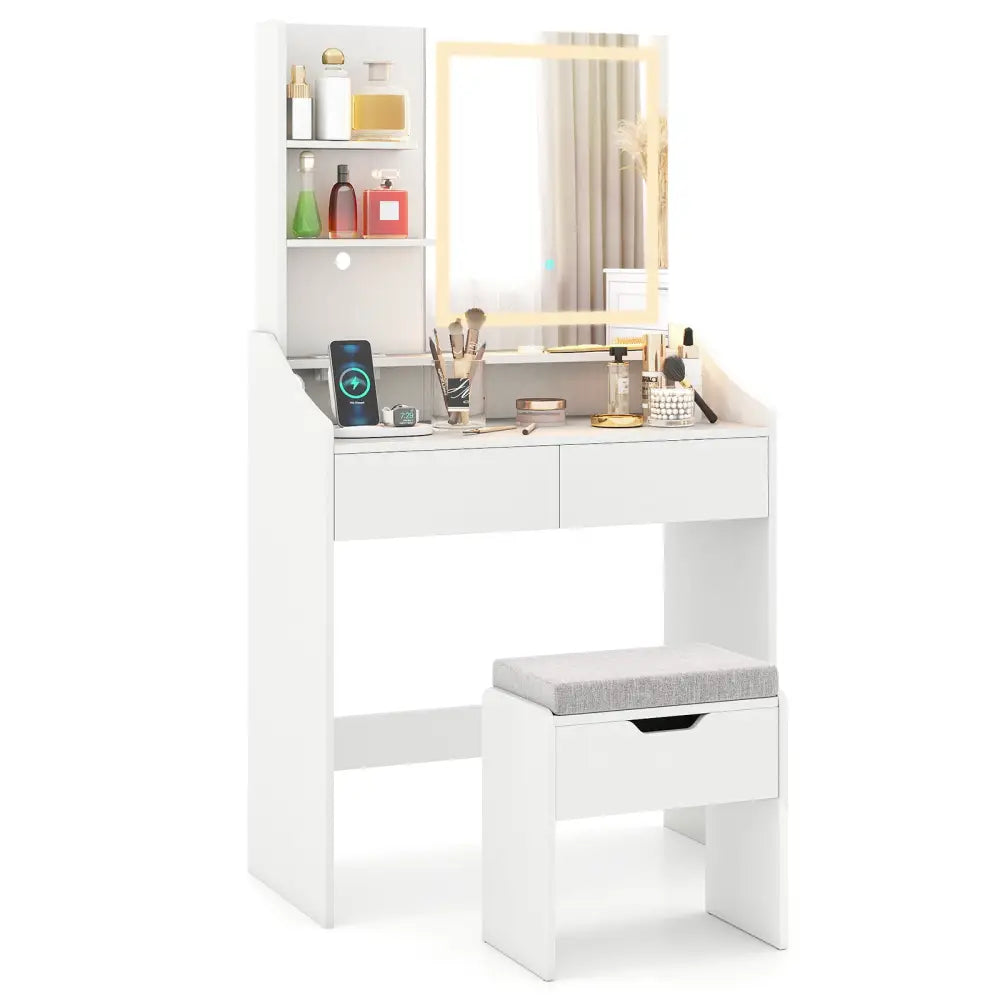 Vanity Desk LED Lighted Makeup Table with 3 Color Modes-White - White - Makeup Vanities