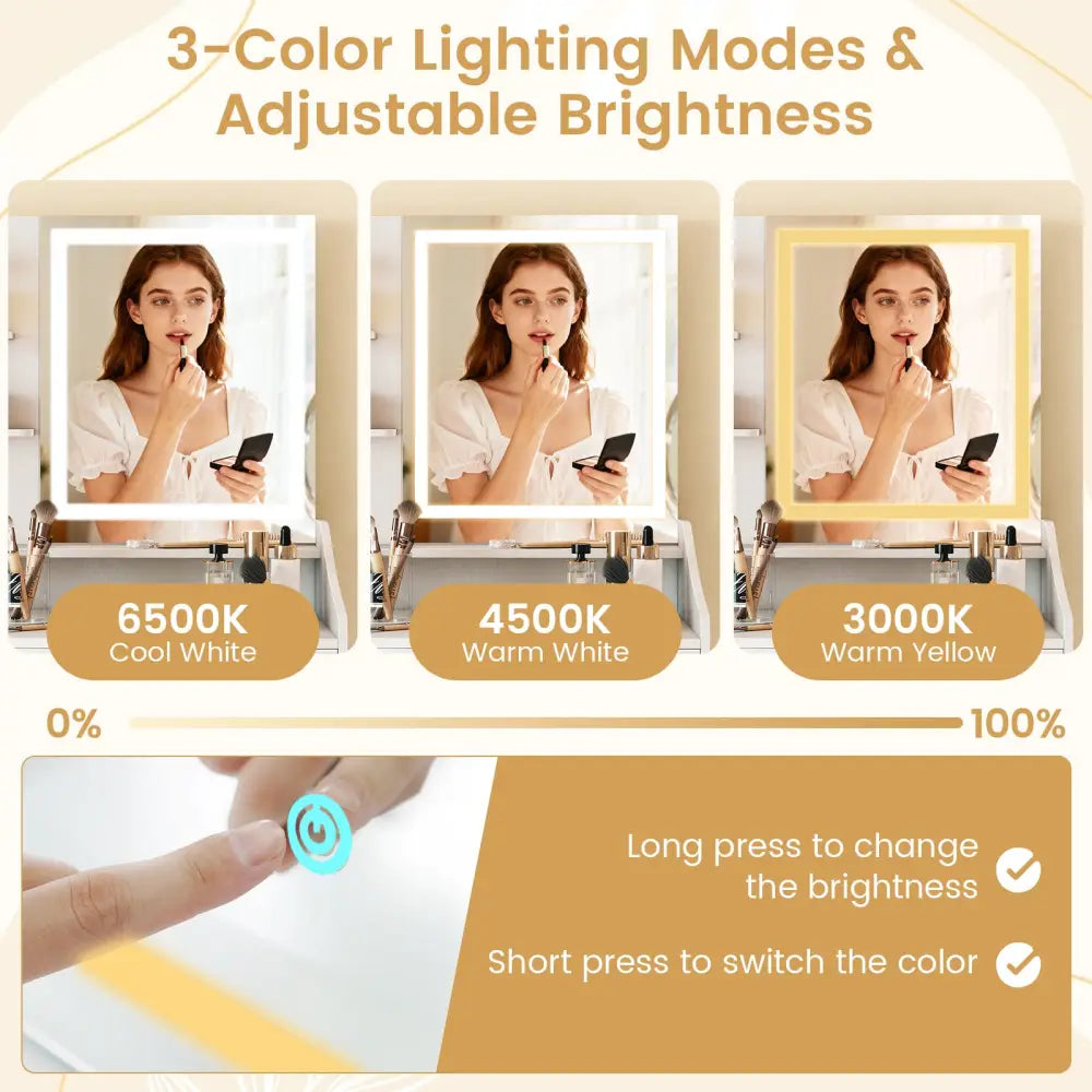 Vanity Desk LED Lighted Makeup Table with 3 Color Modes-White - White - Makeup Vanities