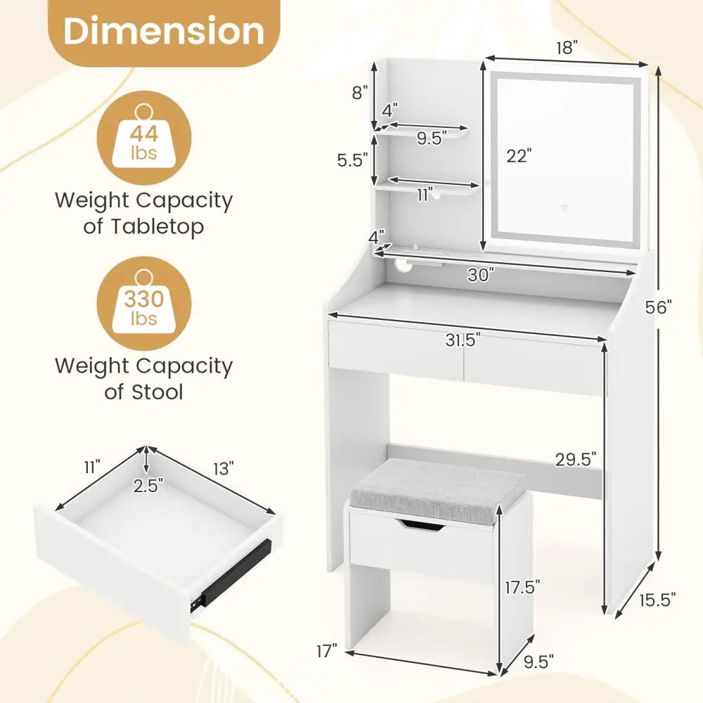 Vanity Desk LED Lighted Makeup Table with 3 Color Modes-White - White - Makeup Vanities