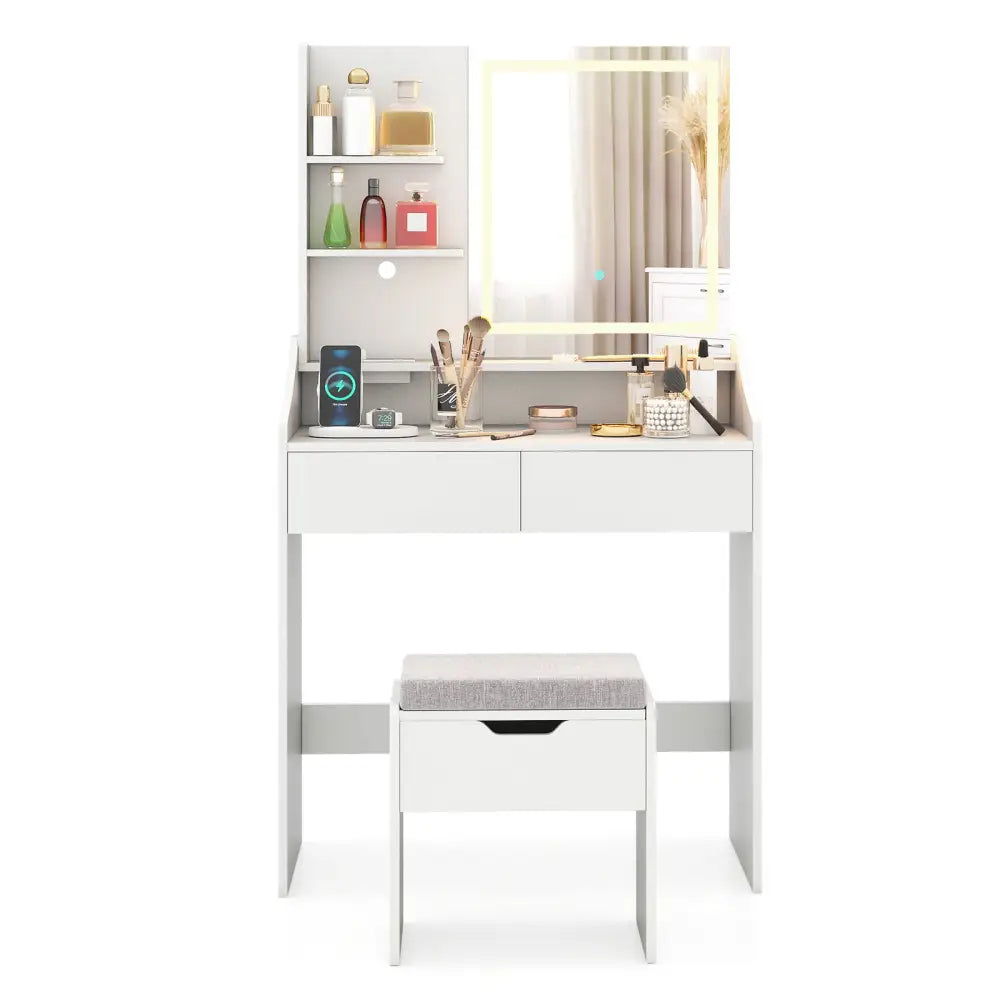 Vanity Desk LED Lighted Makeup Table with 3 Color Modes-White - White - Makeup Vanities