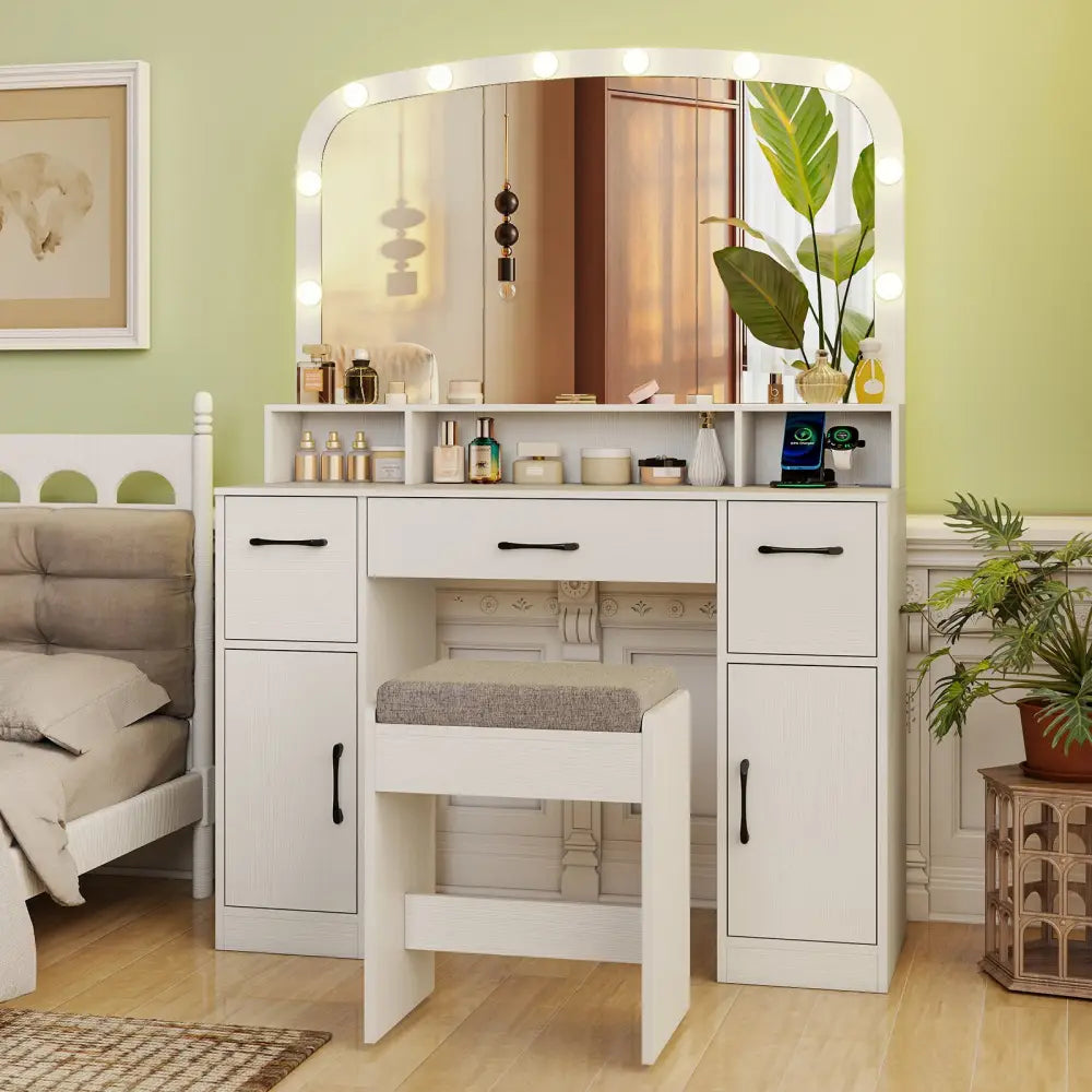 Vanity Desk Makeup Table with Stool 3-Color Lights and Charging Station-White - White - Makeup Vanities