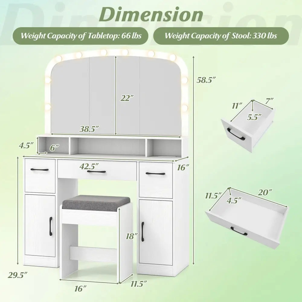 Vanity Desk Makeup Table with Stool 3-Color Lights and Charging Station-White - White - Makeup Vanities