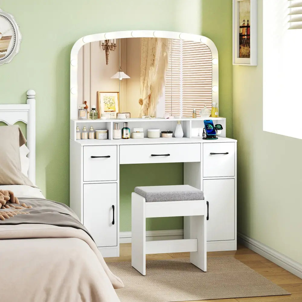 Vanity Desk Makeup Table with Stool 3-Color Lights and Charging Station-White - White - Makeup Vanities