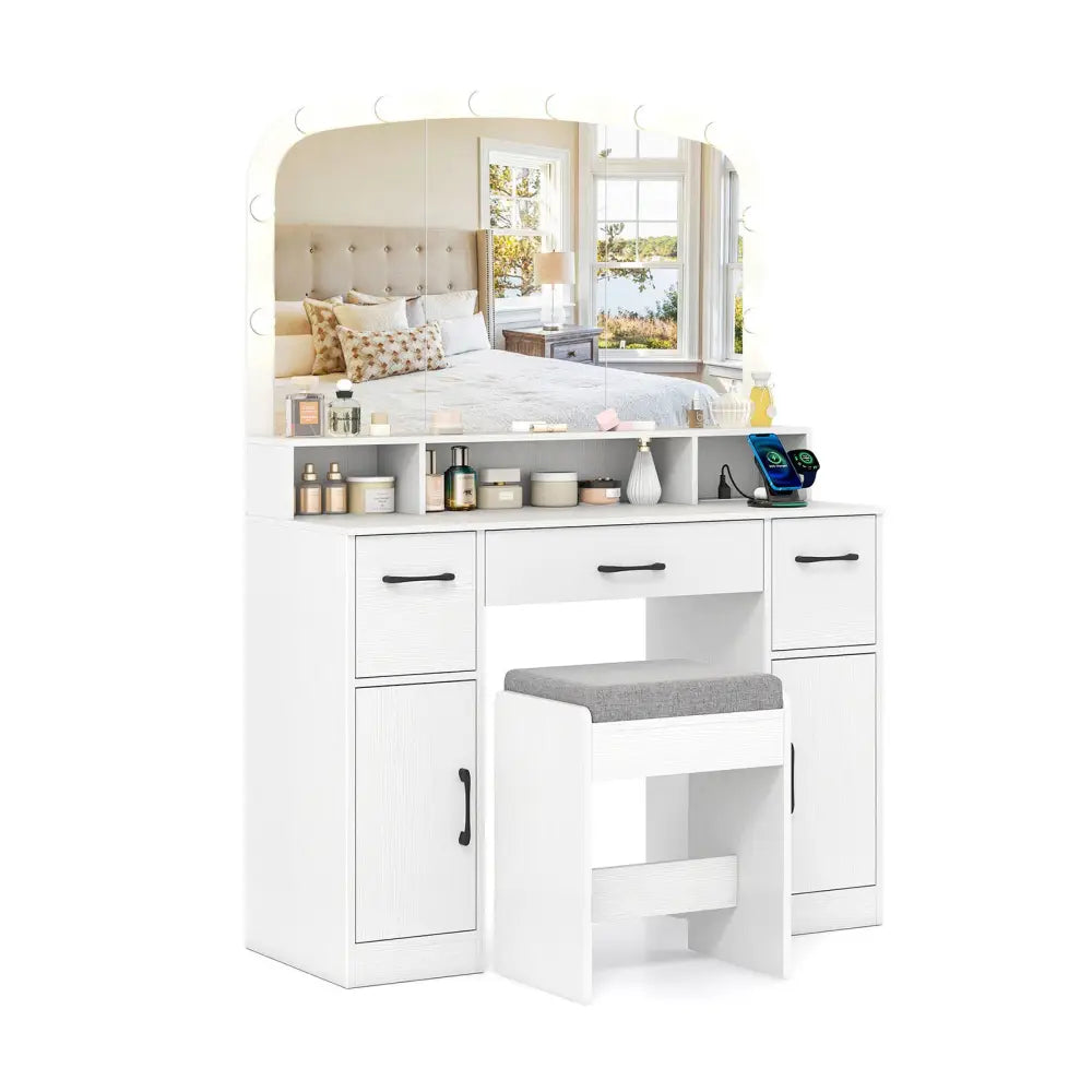 Vanity Desk Makeup Table with Stool 3-Color Lights and Charging Station-White - White - Makeup Vanities