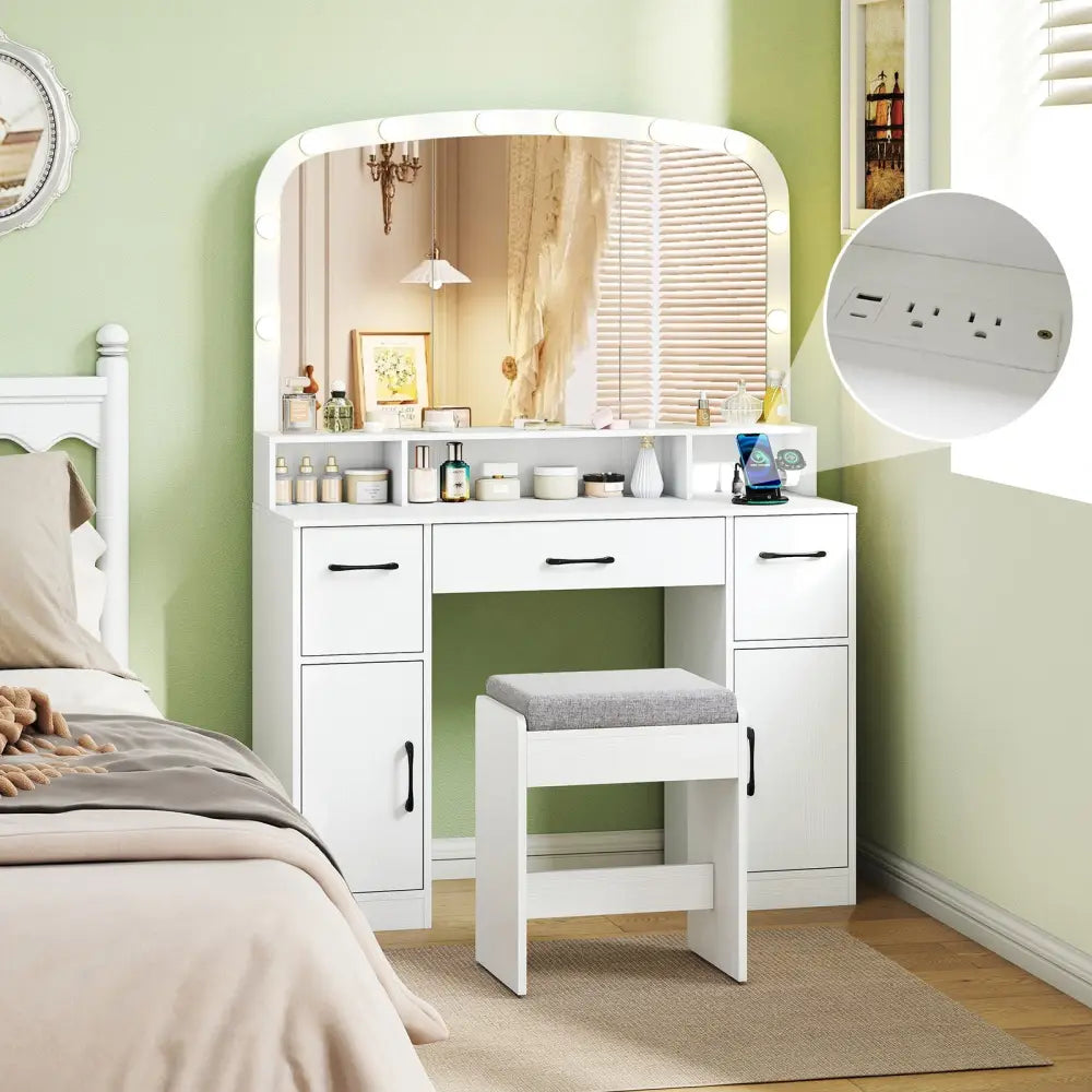 Vanity Desk Makeup Table with Stool 3-Color Lights and Charging Station-White - White - Makeup Vanities