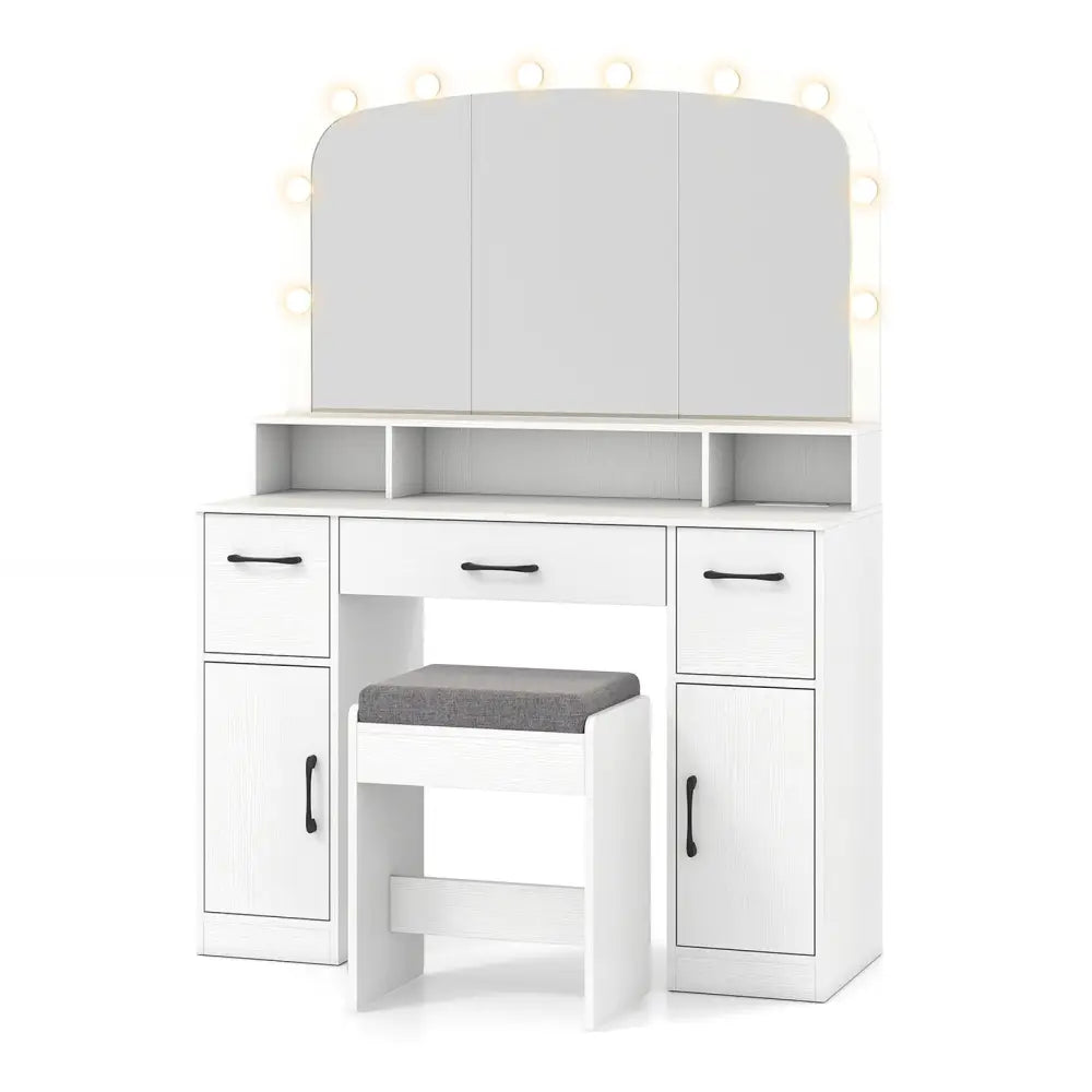 Vanity Desk Makeup Table with Stool 3-Color Lights and Charging Station-White - White - Makeup Vanities