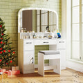 Vanity Desk Makeup Table with Stool 3-Color Lights and Charging Station-White - White - Makeup Vanities