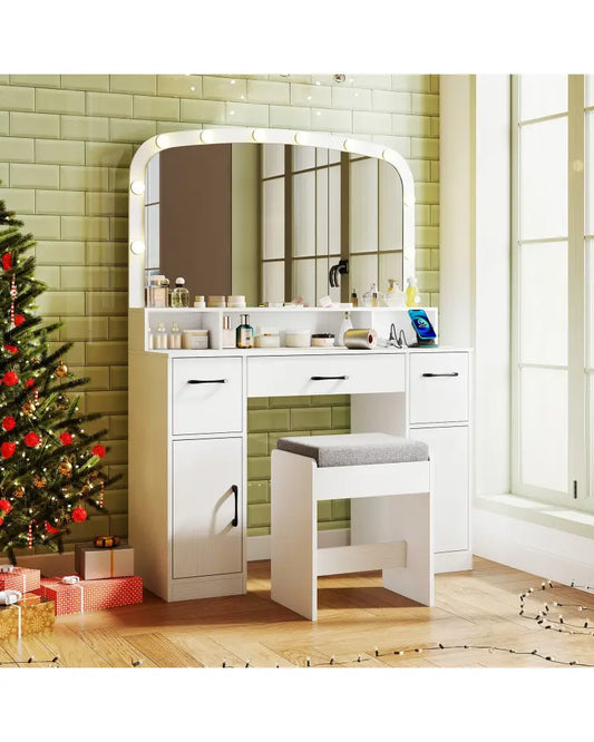 Vanity Desk Makeup Table with Stool 3-Color Lights and Charging Station-White - White - Makeup Vanities