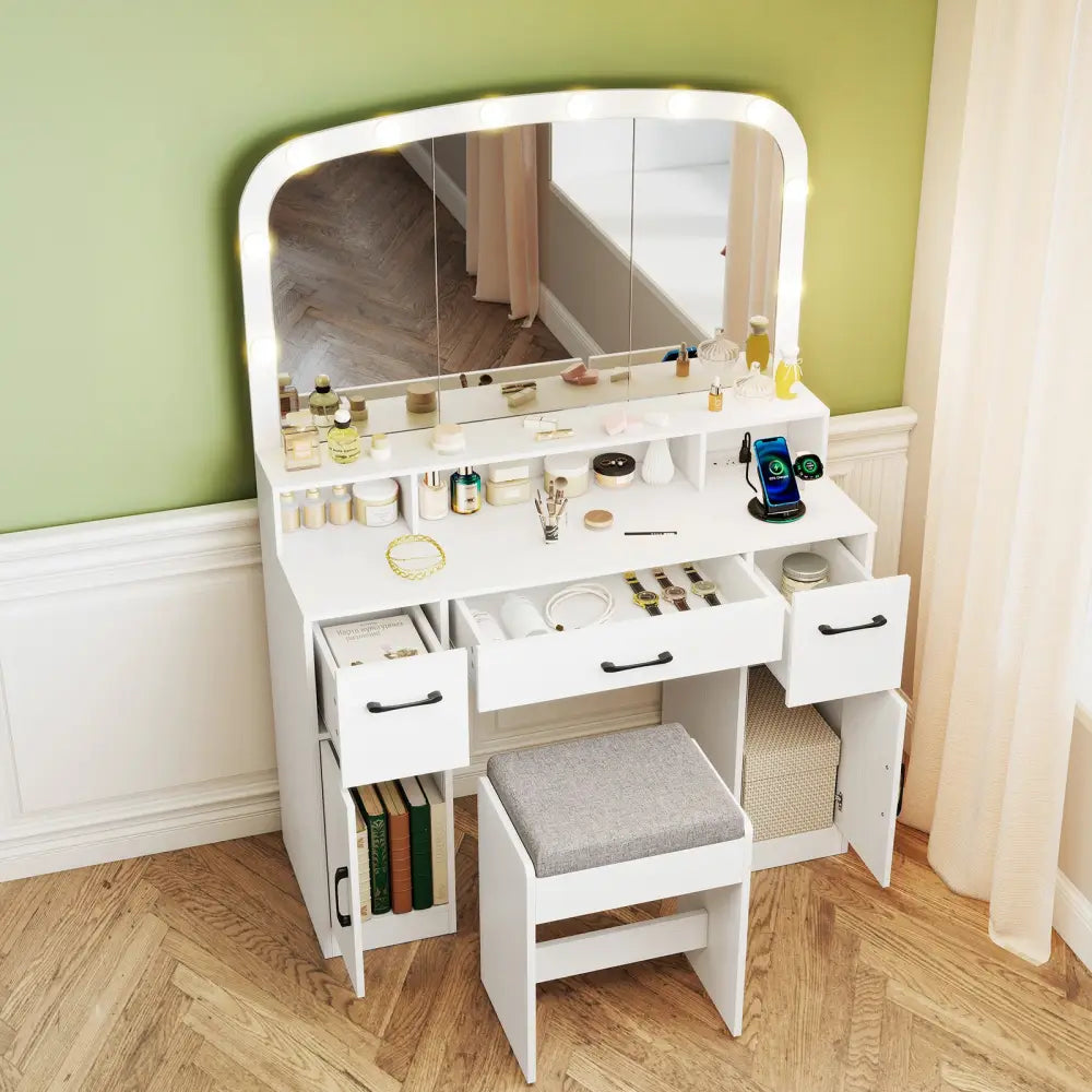 Vanity Desk Makeup Table with Stool 3-Color Lights and Charging Station-White - White - Makeup Vanities
