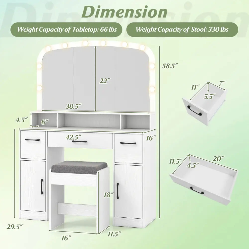 Vanity Desk Makeup Table with Stool 3-Color Lights and Charging Station-White - White - Makeup Vanities