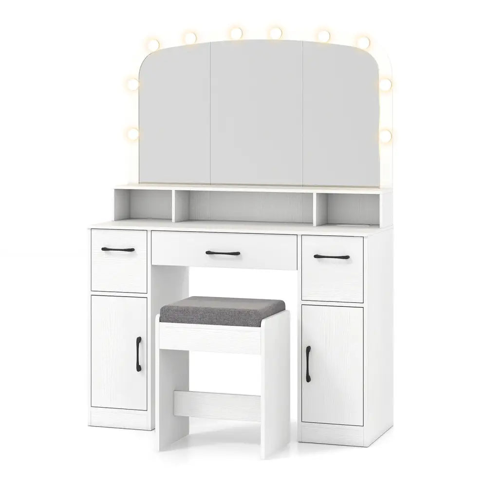 Vanity Desk Makeup Table with Stool 3-Color Lights and Charging Station-White - White - Makeup Vanities