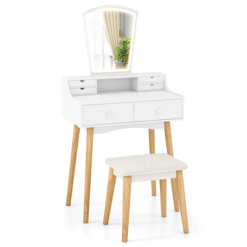 Vanity Desk Set with 3-Color Adjustable LED Lighted Mirror and Drawers-White - White - Makeup Vanities