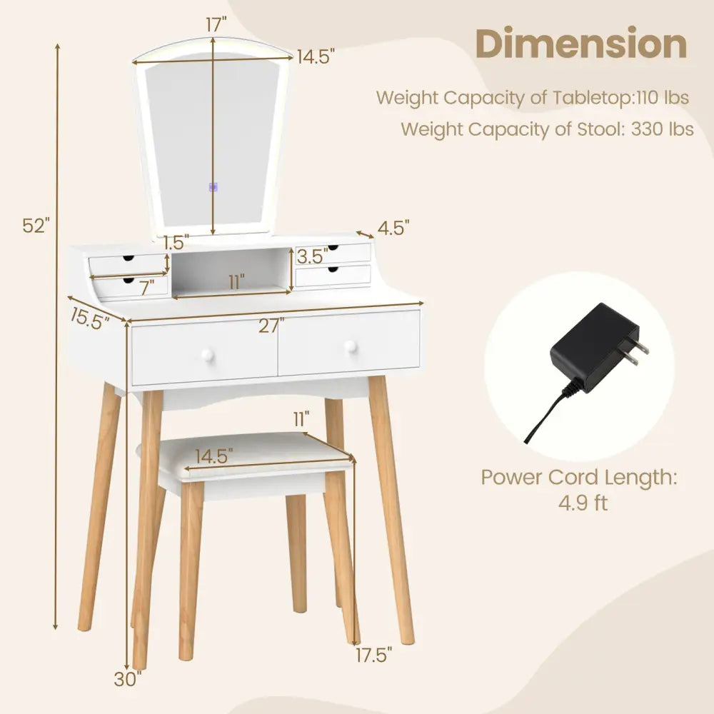 Vanity Desk Set with 3-Color Adjustable LED Lighted Mirror and Drawers-White - White - Makeup Vanities