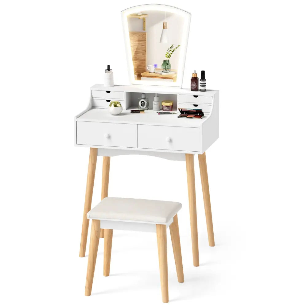 Vanity Desk Set with 3-Color Adjustable LED Lighted Mirror and Drawers-White - White - Makeup Vanities