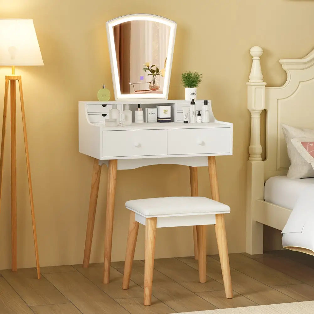 Vanity Desk Set with 3-Color Adjustable LED Lighted Mirror and Drawers-White - White - Makeup Vanities