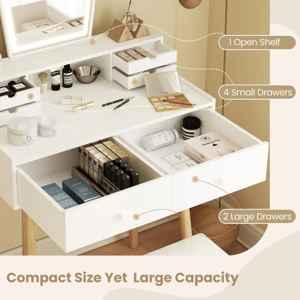 Vanity Desk Set with 3-Color Adjustable LED Lighted Mirror and Drawers-White - White - Makeup Vanities