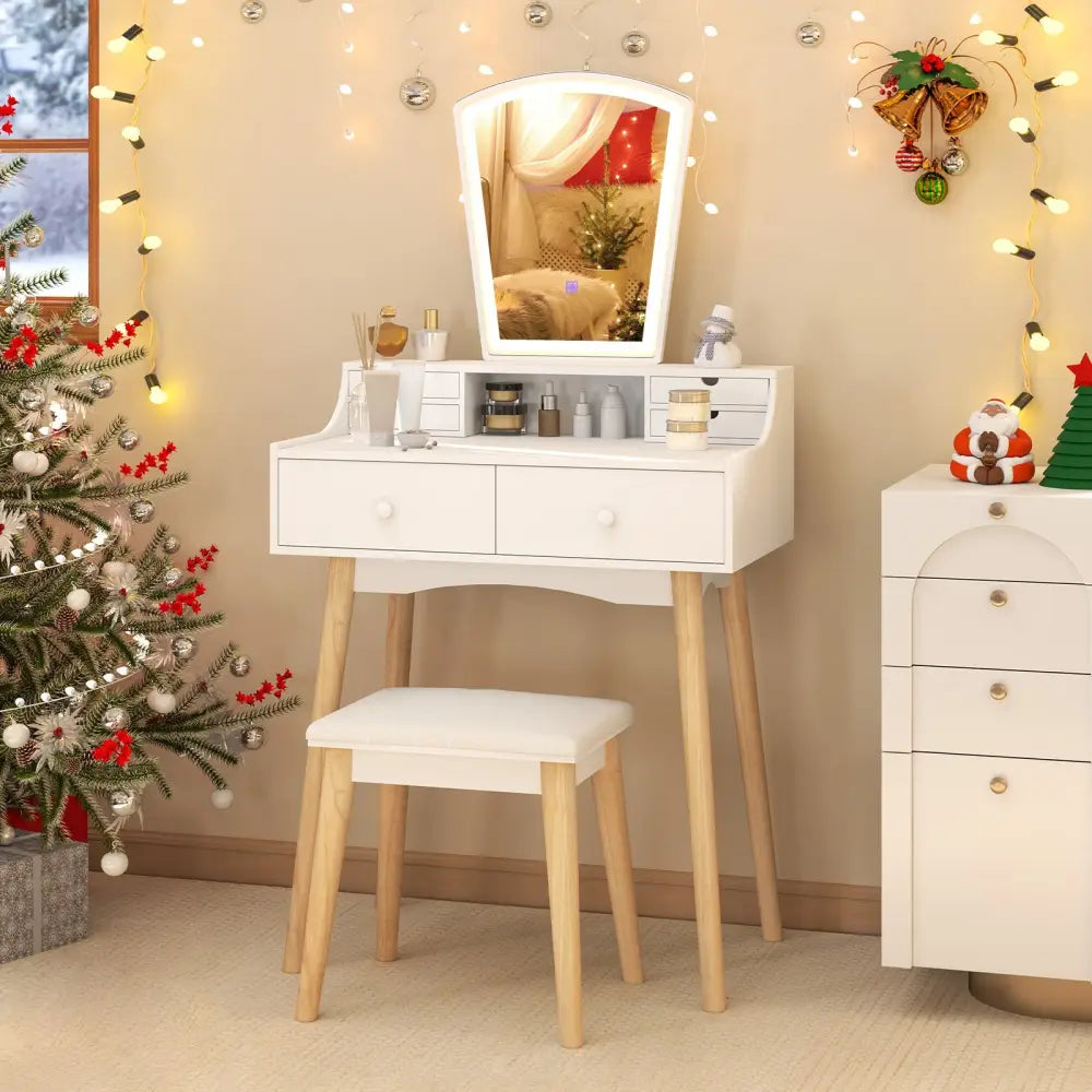 Vanity Desk Set with 3-Color Adjustable LED Lighted Mirror and Drawers-White - White - Makeup Vanities