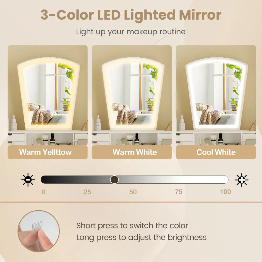 Vanity Desk Set with 3-Color Adjustable LED Lighted Mirror and Drawers-White - White - Makeup Vanities