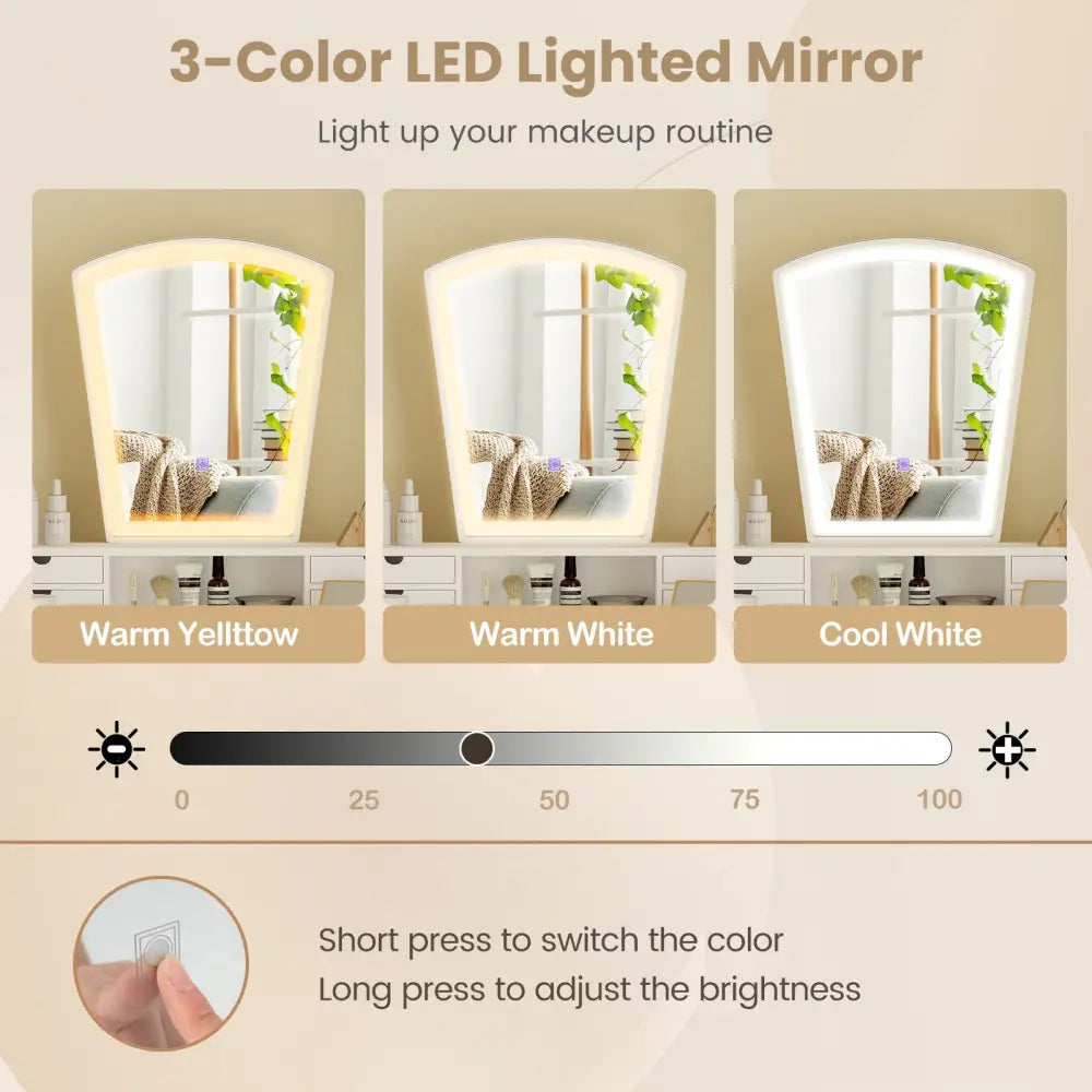 Vanity Desk Set with 3-Color Adjustable LED Lighted Mirror and Drawers-White - White - Makeup Vanities