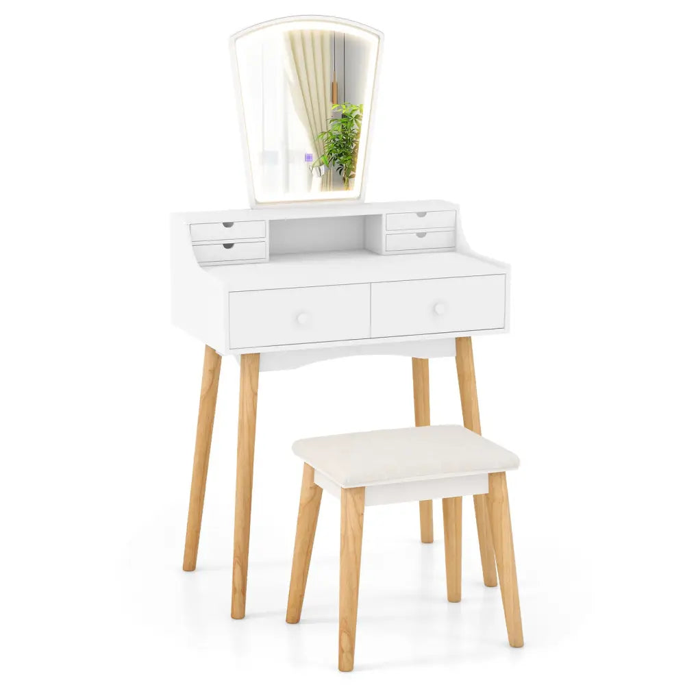 Vanity Desk Set with 3-Color Adjustable LED Lighted Mirror and Drawers-White - White - Makeup Vanities