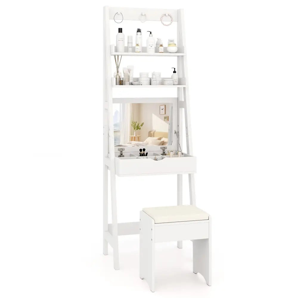 Vanity Desk Set with Flip Top Mirror Hidden Storage Compartments and Cushioned Stool-White - White - Makeup Vanities